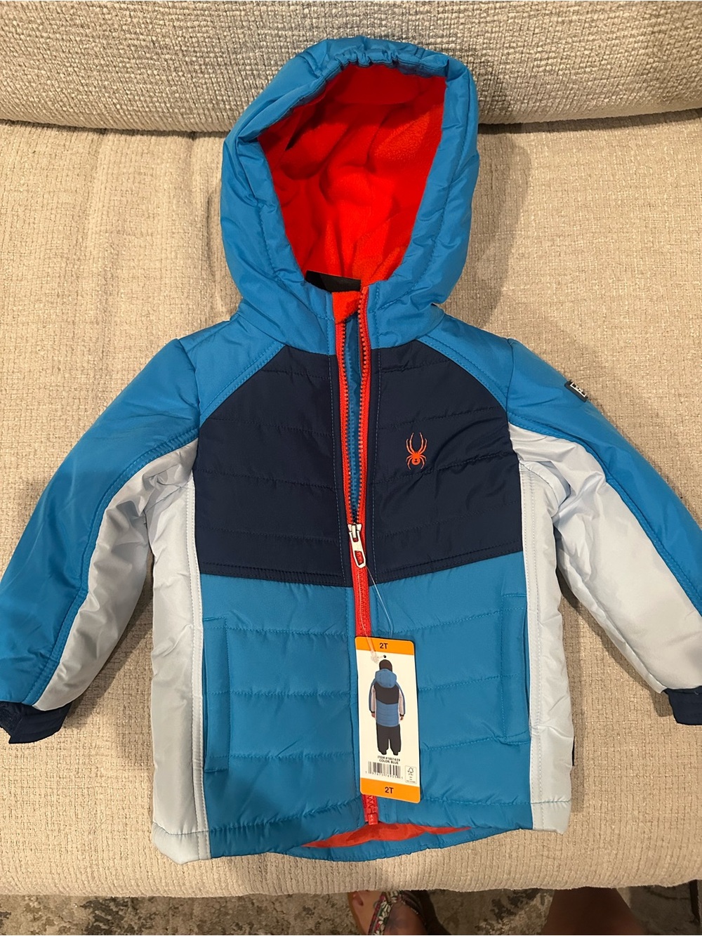 Spyder Kids Blue and Navy Hooded Puffer Jacket with Red Lining size 2T NWT